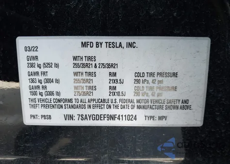 2022 Tesla Model Y Performance Dual Motor All-Wheel Drive z USA, uszkodzony, nr VIN 7SAYGDEF9NF411024